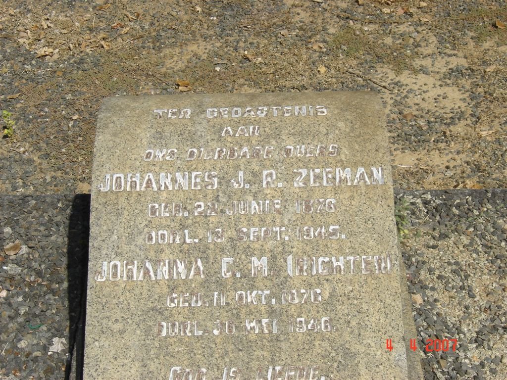 ZEEMAN Johannes J.R. 1876-1945 &amp; Johanna C.M. RICHTER 1876-1946
