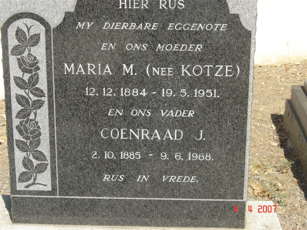 ? Coenraad J. 1885-1968 &amp; Maria M. KOTZE 1884-1951