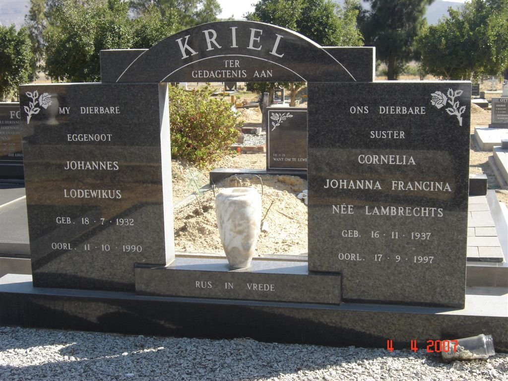 KRIEL Johannes Lodewikus 1932-1990 &amp; Cornelia Johanna Francina LAMBRECHTS 1937-1997