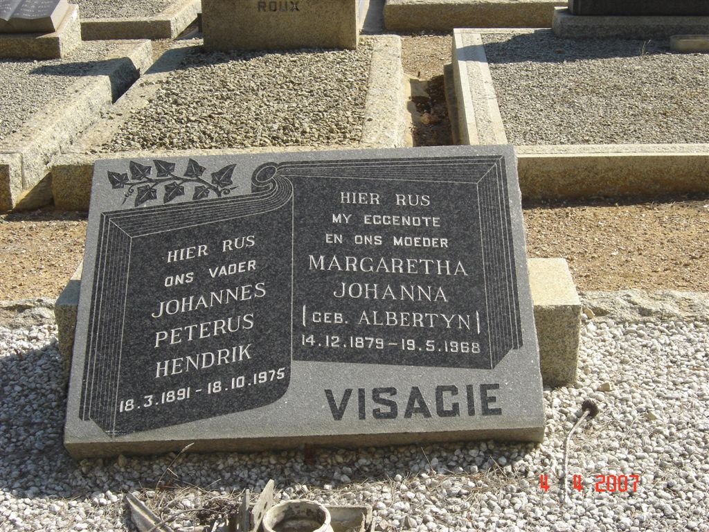 VISAGIE Johannes Peterus Hendrik 1891-1975 &amp; Margaretha Johanna ALBERTYN 1879-1968