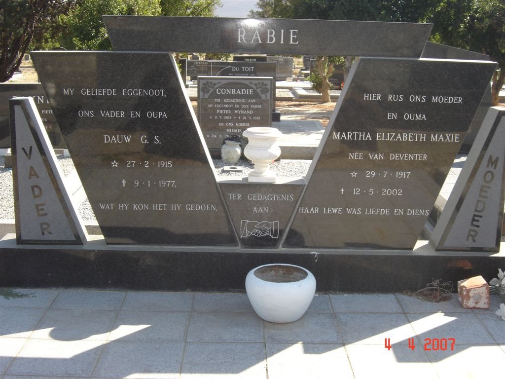 RABIE Dauw G.S. 1915-1977 &amp; Martha Elizabeth Maxie VAN DEVENTER 1917-2002