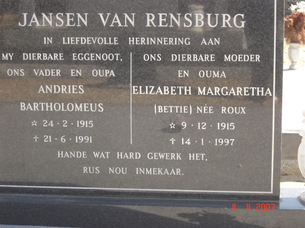 RENSBURG Andries Bartholomeus, Janse van 1915-1991 &amp; Elizabeth Margaretha ROUX 1915-1997