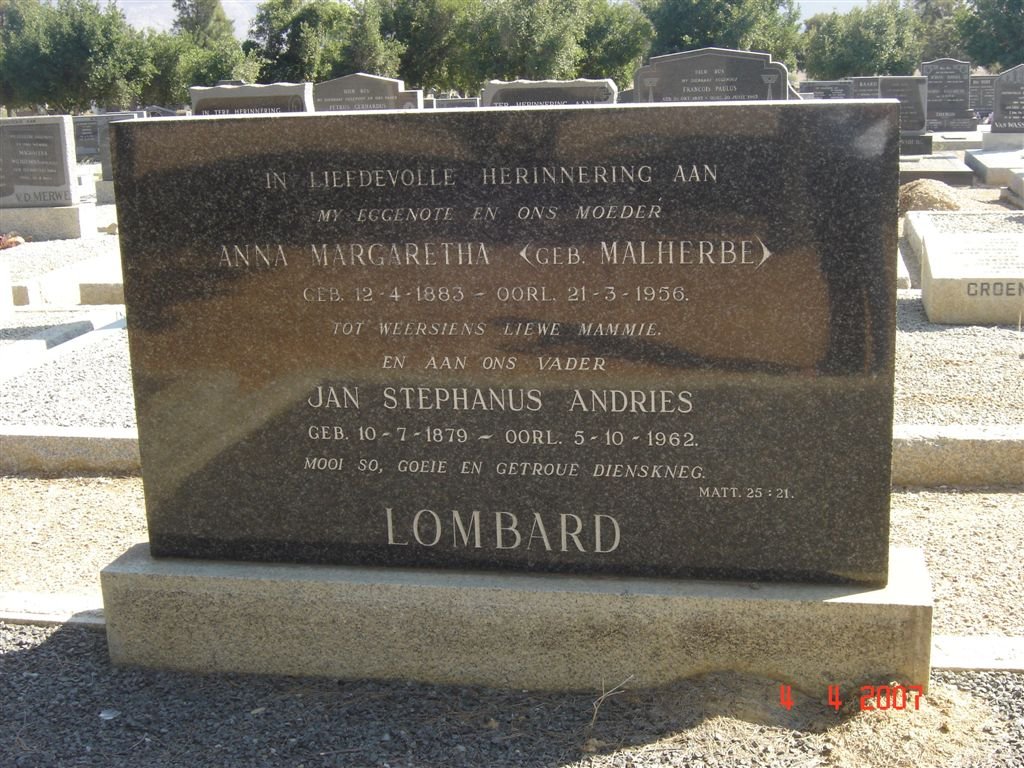 LOMBARD Jan Stephanus Andries 1879-1962 &amp; Anna Margaretha MALHERBE 1883-1956