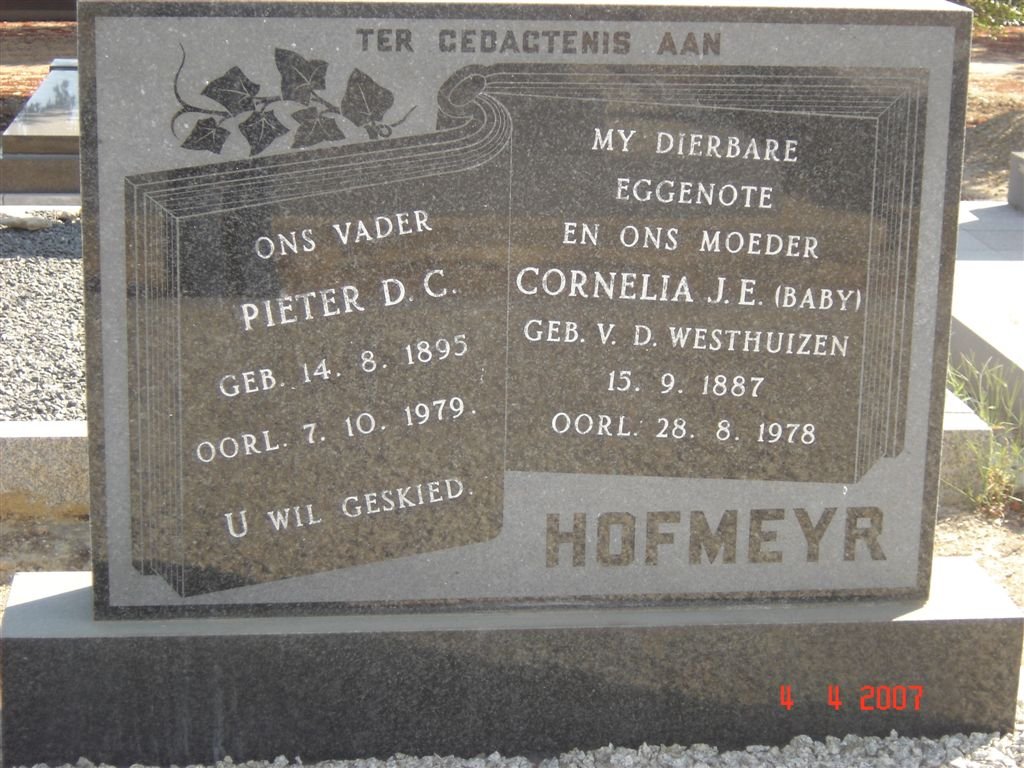 HOFMEYR Pieter D.C. 1895-1979 &amp; Cornelia J.E. V.D. WESTHUIZEN 1887-1978
