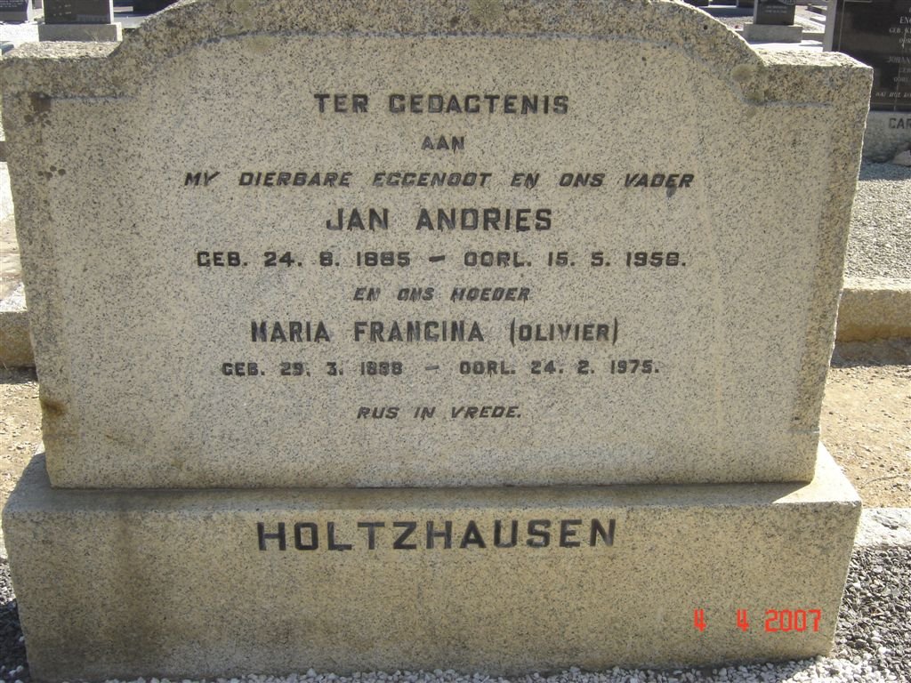 HOLTZHAUSEN Jan Andries 1885-1958 &amp; Maria Francina OLIVIER 1888-1975