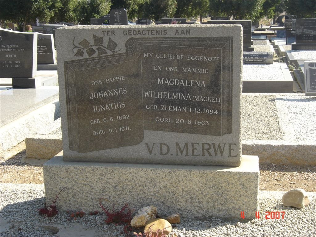 MERWE Johannes Ignatius, v.d. 1892-1971 &amp; Magdalena Wilhelmina ZEEMAN 1894-1963