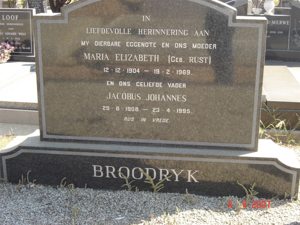 BROODRYK Jacobus Johannes 1908-1995 &amp; Maria Elizabeth RUST 1904-1969