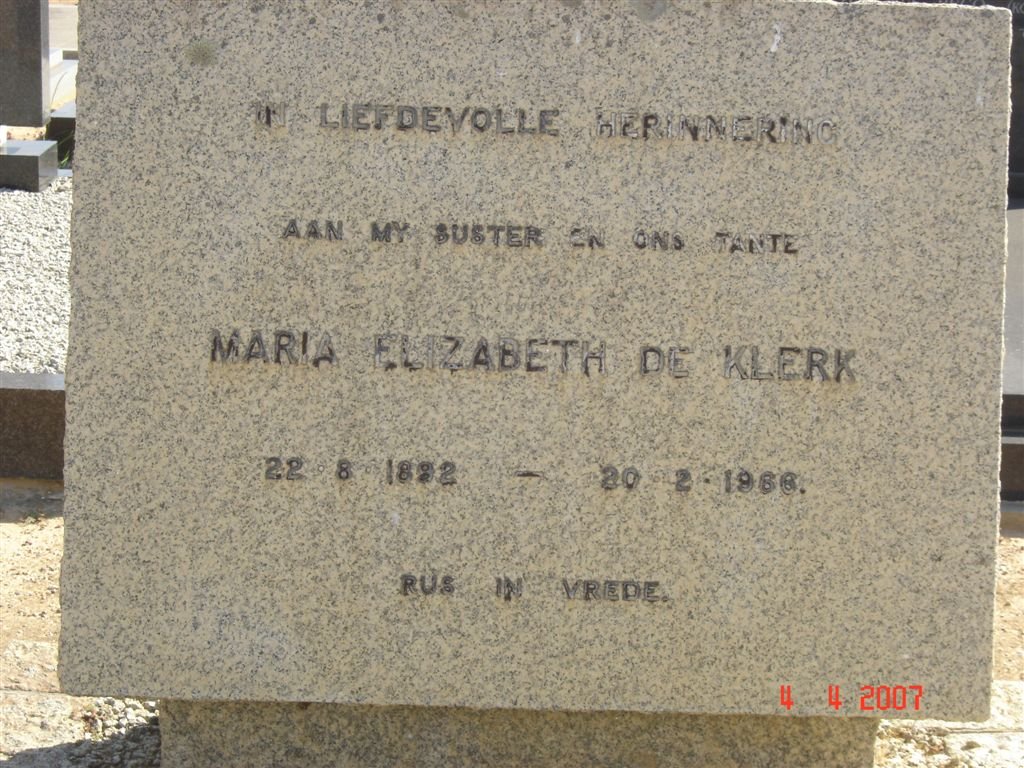 KLERK Maria Elizabeth, de 1882-1966