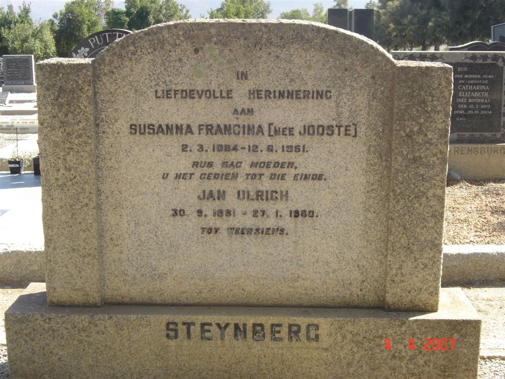 STEYNBERG Jan Ulrich 1881-1960 &amp; Susanna Francina JOOSTE 1884-1951