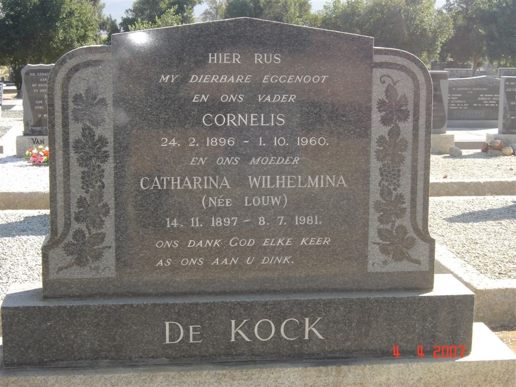 KOCK Cornelis de, 1896-1960 &amp; Catharina Wilhelmina LOUW 1897-1981