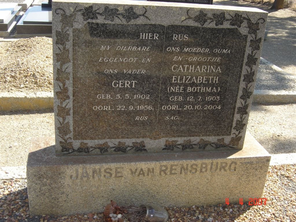 RENSBURG Gert, Janse van 1902-1956 &amp; Catharina Elizabeth BOTHMA 1903-2004