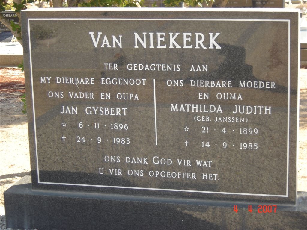 NIEKERK Jan Gysbert, van 1896-1983 &amp; Mathilda Judith JANSSEN 1899-1985