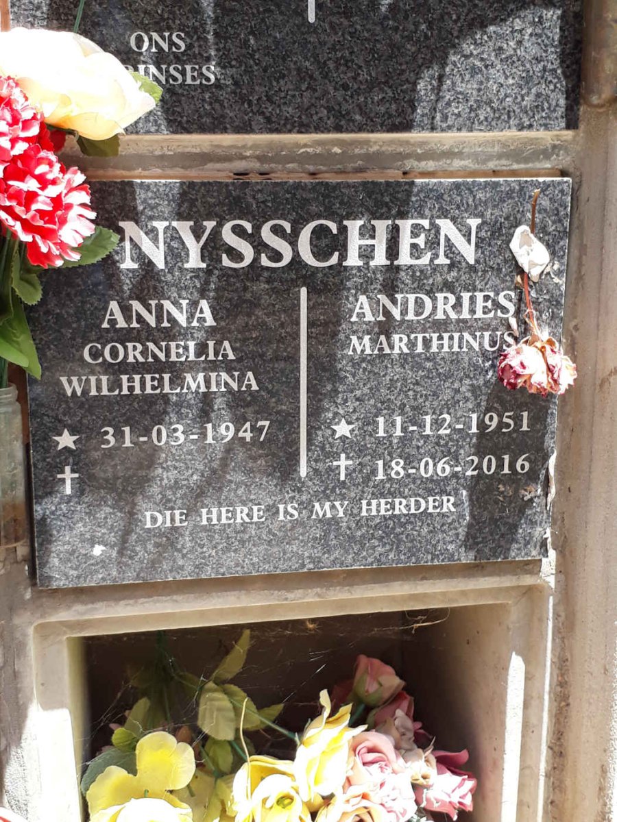 NYSSCHEN Andries Marthinus 1951-2016 &amp; Anna Cornelia Wilhelmina 1947-