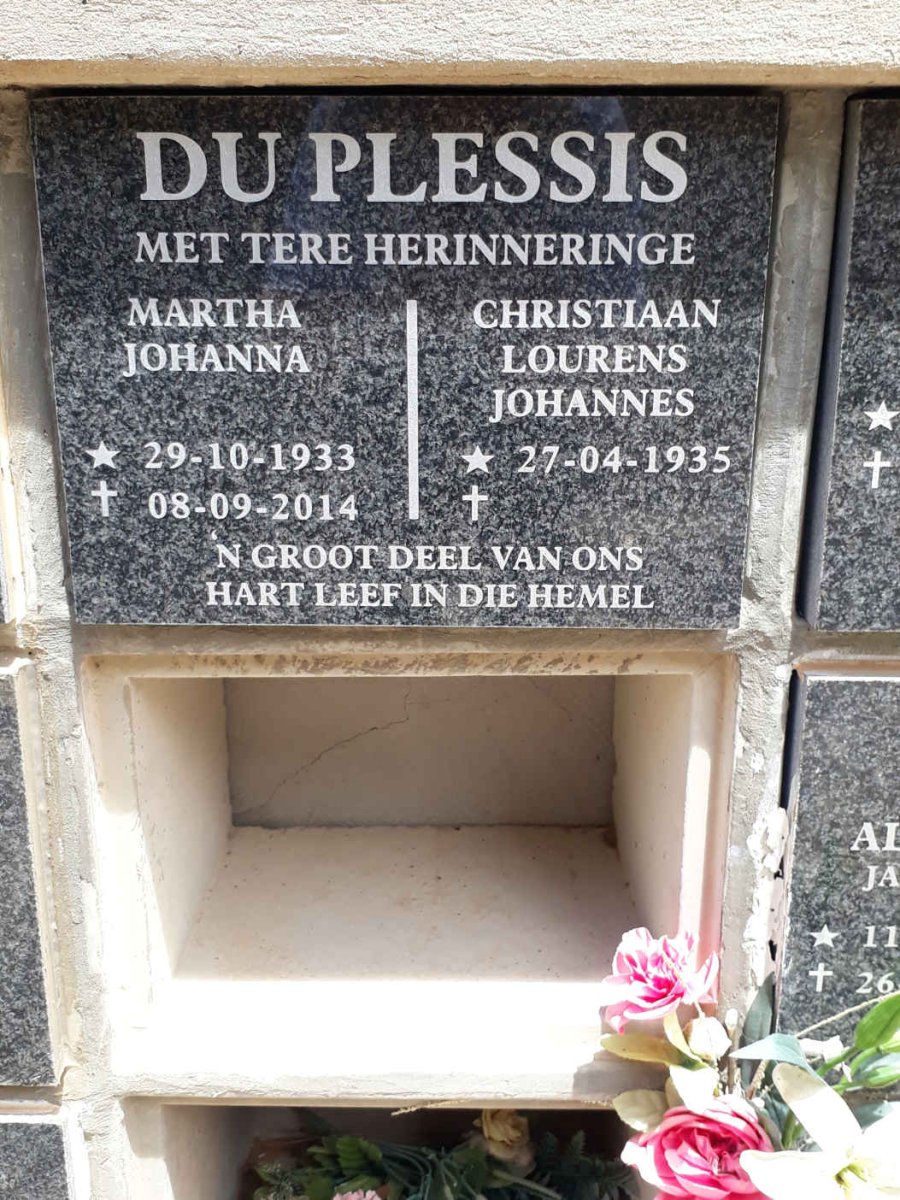 PLESSIS Christiaan Lourens Johannes, du 1935- &amp; Martha Johanna 1933-2014