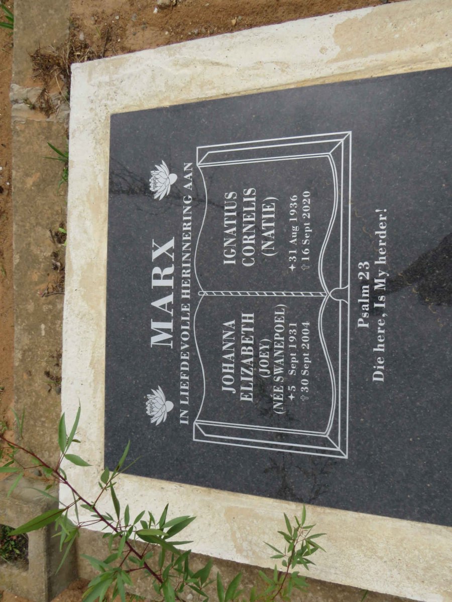 MARX Ignatius Cornelis 1936-2020 &amp; Johanna Elizabeth SWANEPOEL 1931-2004
