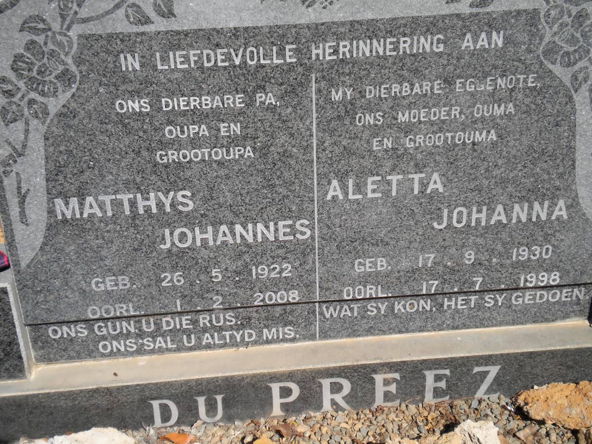 PREEZ Matthys Johannes, du 1922-2008 &amp; Aletta Johanna 1930-1998