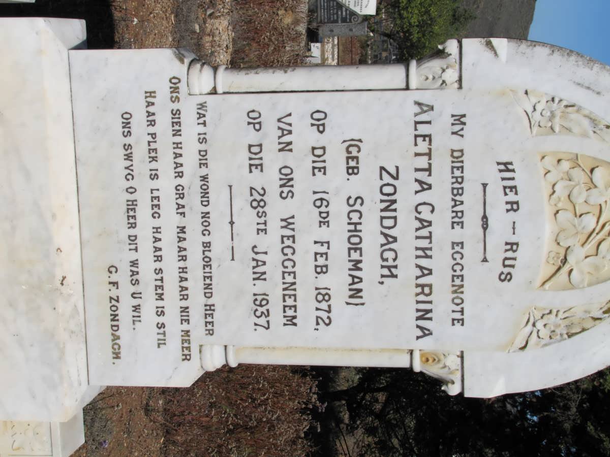 ZONDAGH Alleta Catharina, nee SCHOEMAN 1872-1937