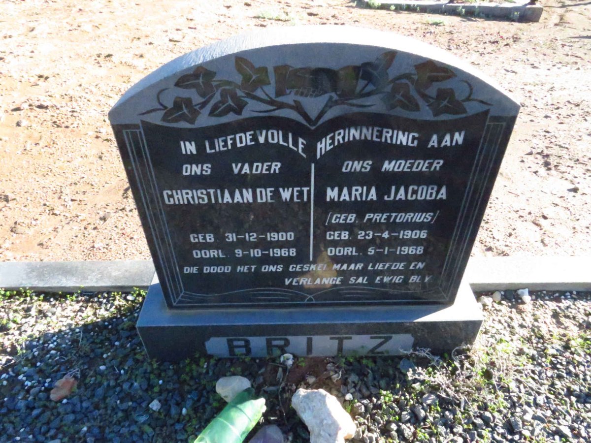 BRITZ Christiaan de Wet 1900-1968 & Maria Jacoba PRETORIUS 1906-1968
