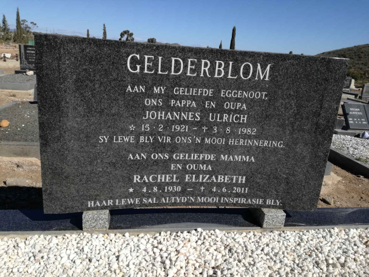 GELDERBLOM Johannes Ulrich 1921-1982 &amp; Rachel Elizabeth 1930-2011