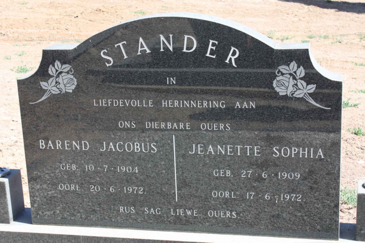 STANDER Barend Jacobus 1904-1972 &amp; Jeanette Sophia 1909-1972