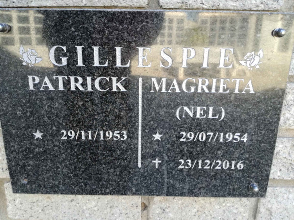 GILLESPIE  Patrick 1953- &amp; Magrieta NEL 1954-2016