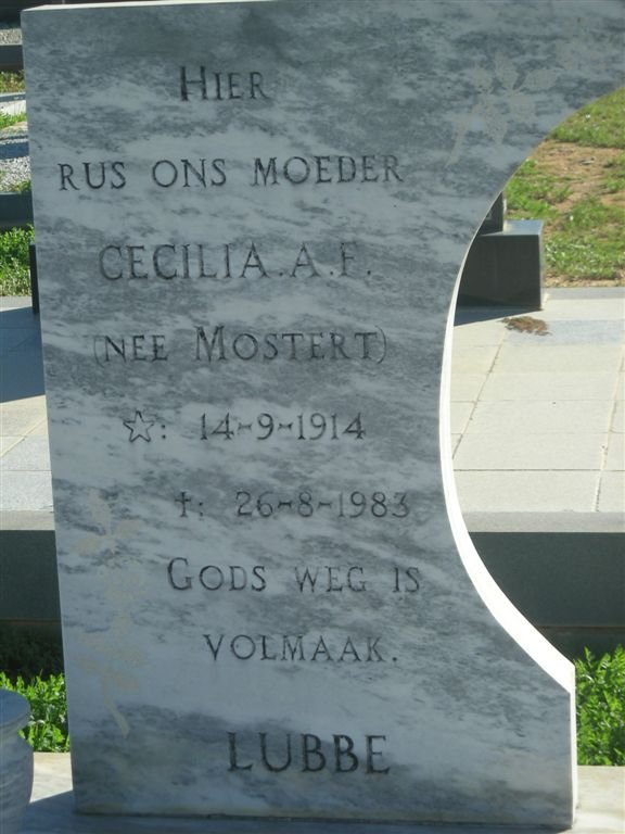 LUBBE Cecilia A.F.  nee MOSTERT 1914-1983