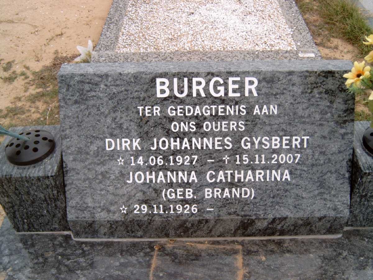 BURGER Dirk Johannes Gysbert 1927-2007 &amp; Johanna Catharina BRAND 1926-
