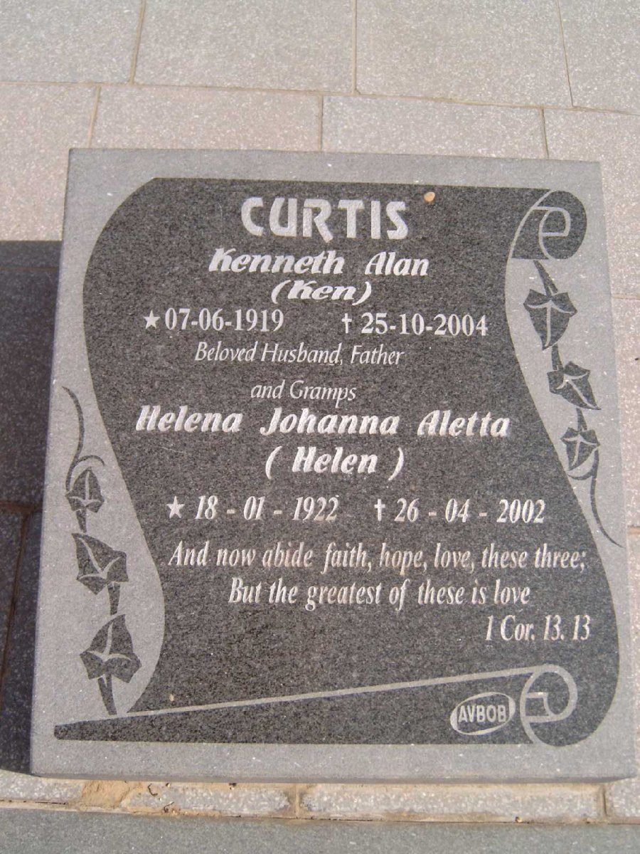 CURTIS Kenneth Alan 1919-2004 &amp; Helena Johanna Aletta 1922-2002