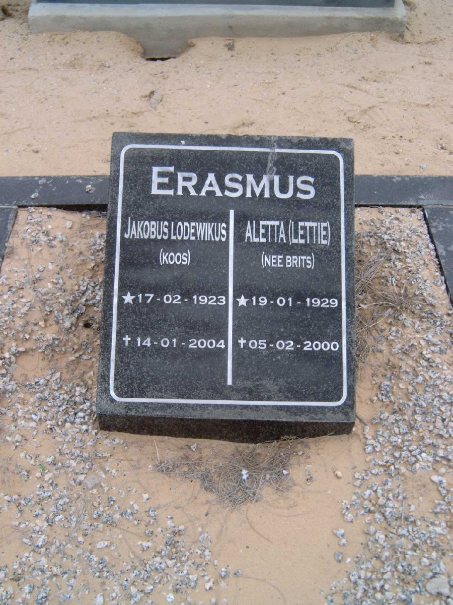 ERASMUS Jakobus Lodewikus 1923-2004 &amp; Aletta BRITS 1929-2000
