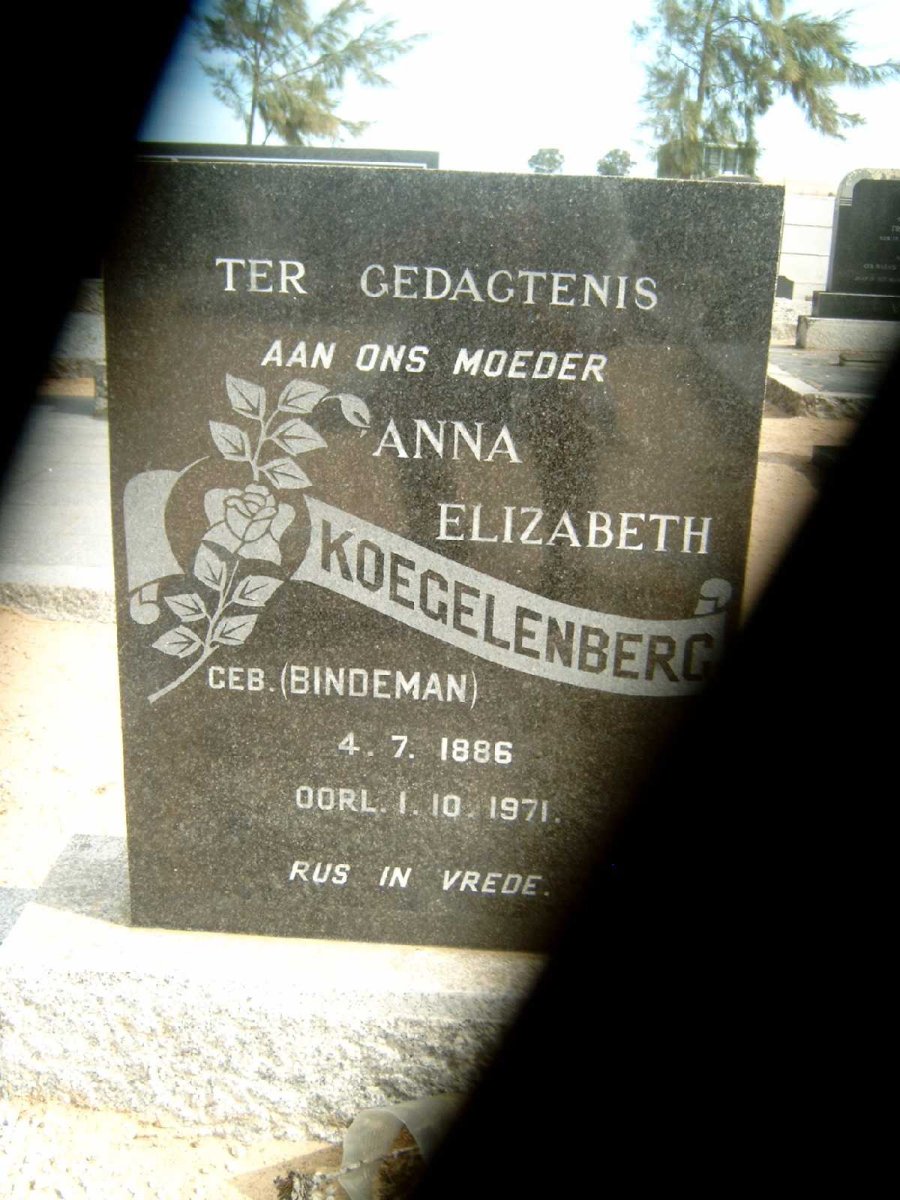 KOEGELENBERG Anna Elizabeth nee BINDEMAN 1886-1971