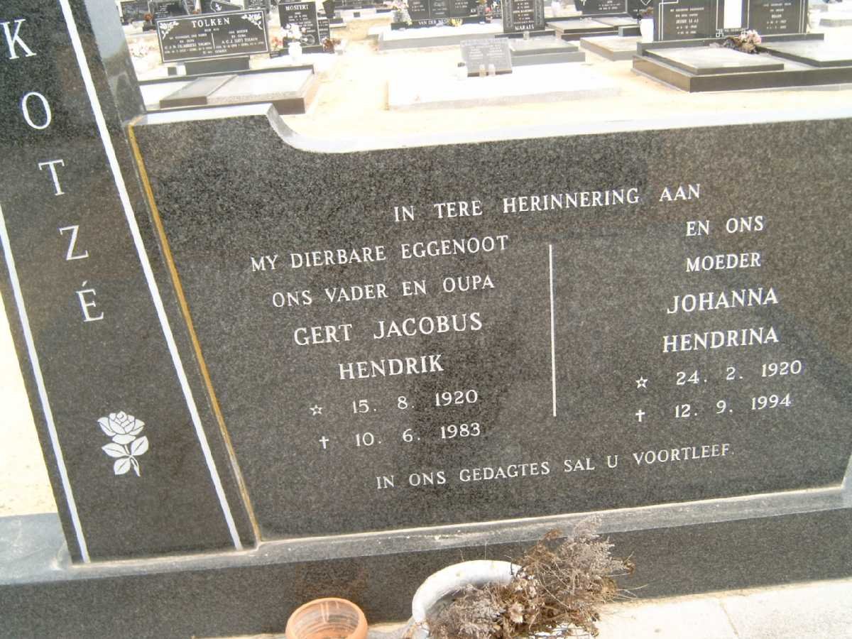 KOTZÈ Gert Jacobus Hendrik 1920-1983 &amp; Johanna Hendrina 1920-1994