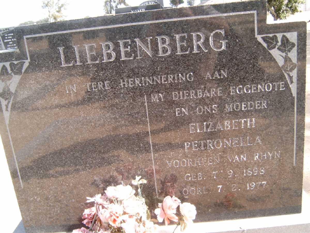 LIEBENBERG Elizabeth Petronella voorheen VAN RHYN 1898-1977