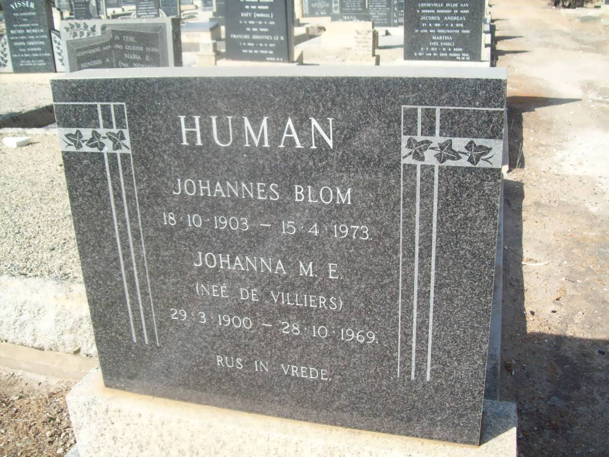 HUMAN Johannes Blom 1903-1973 &amp; Johanna M.E. DE VILLIERS 1900-1969