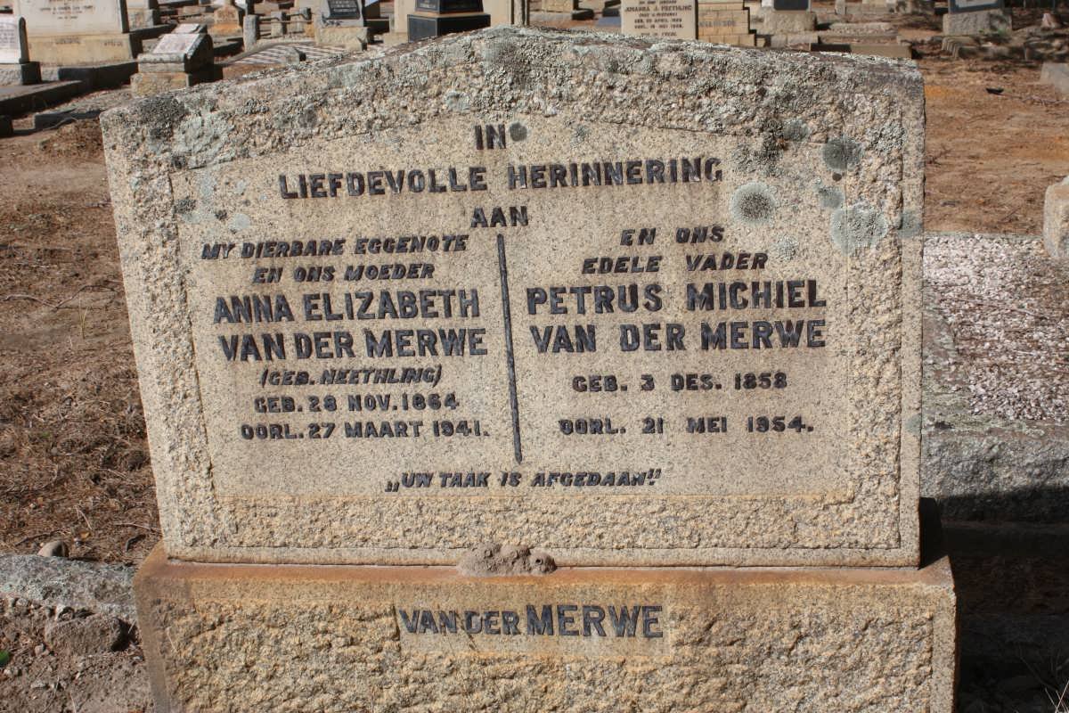 MERWE Petrus Michiel, van der 1858-1954 &amp; Anna Elizabeth NEETHLING 1864-1941