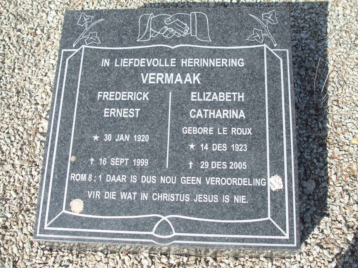 VERMAAK Frederick Ernest 1920-1999 &amp; Elizabeth Catharina LE ROUX 1923-2005