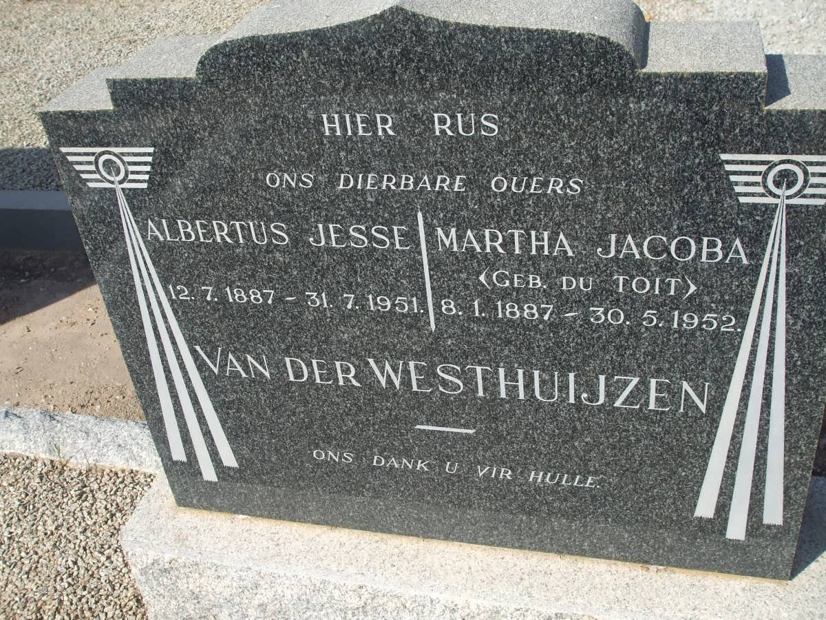 WESTHUIJZEN Albertus Jesse, van der 1887-1951 &amp; Martha Jacoba du TOIT 1887-1952