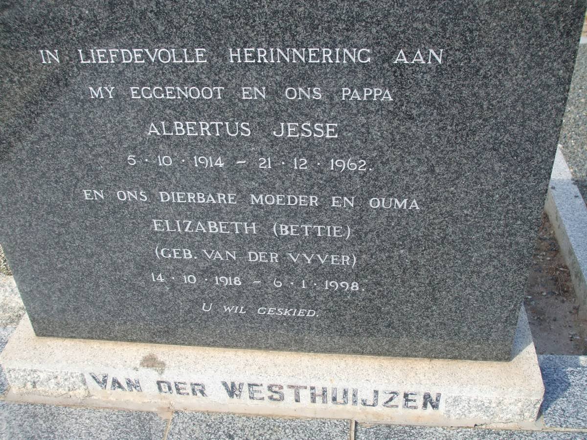 WESTHUIJZEN Albertus Jesse, van der 1914-1962 &amp; Elizabeth VAN DER VYVER 1918-1998