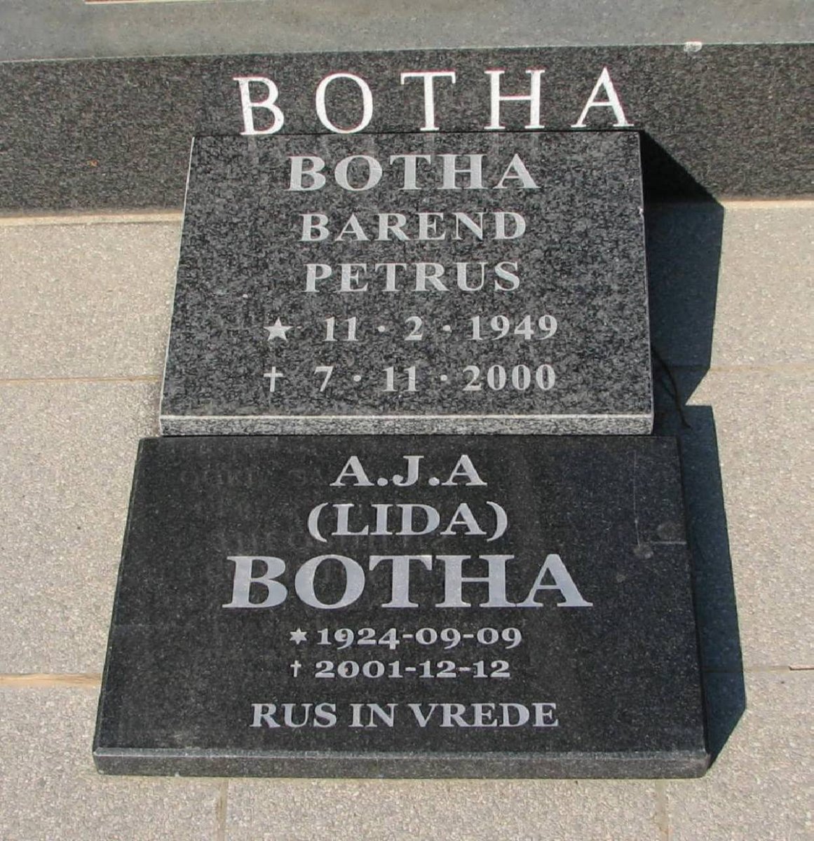 BOTHA Barend Petrus 1949-2000 &amp; A.J.A. 1924-2001