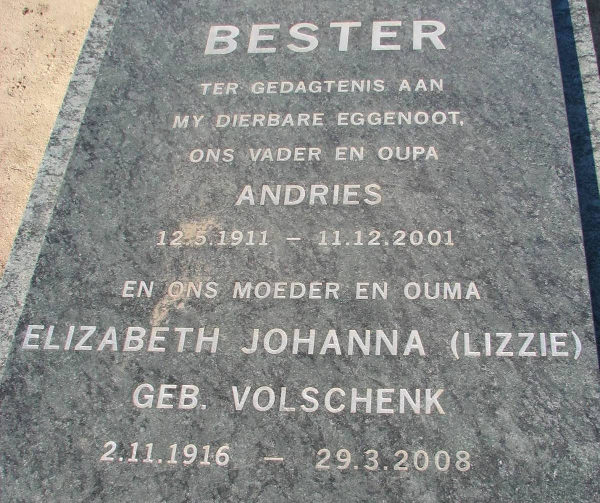 BESTER Andries 1911-2001 &amp; Elizabeth Johanna VOLSCHENK 1916-2008