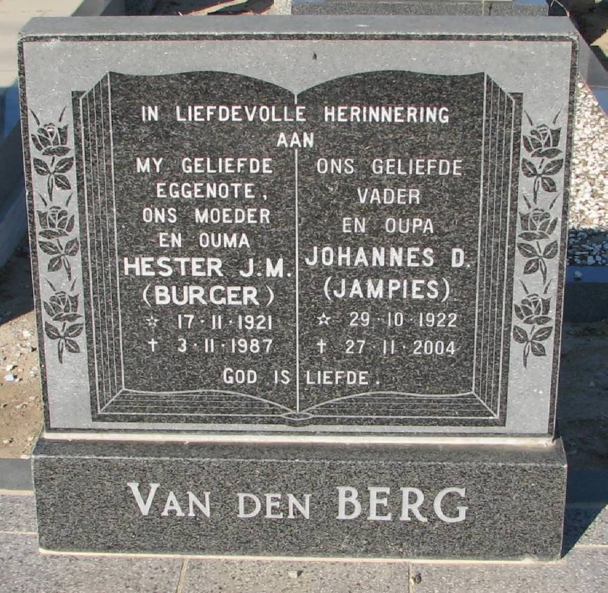 BERG Johannes D., van den 1922-2004 &amp; Hester J.M. BURGER 1921-1987
