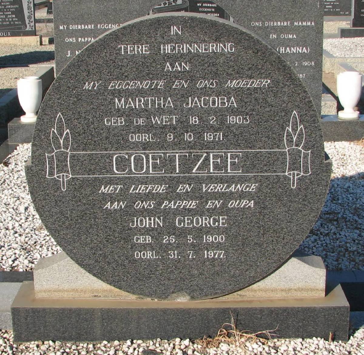 COETZEE John George 1900-1977 &amp; Martha Jacoba de WET 1903-1971
