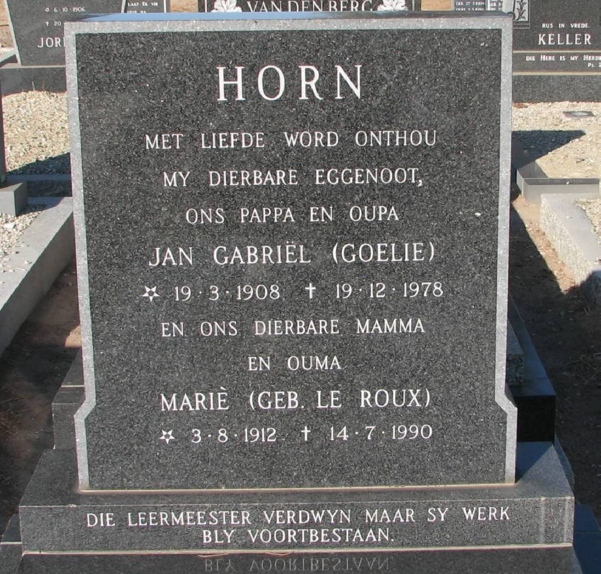 HORN Jan Gabriel 1908-1978 &amp; Marie le ROUX 1912-1990