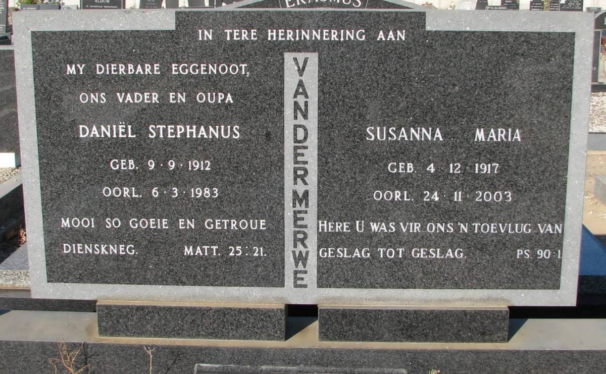 MERWE Daniel Stephanus, van der 1912-1983 &amp; Susanna Maria 1917-2003