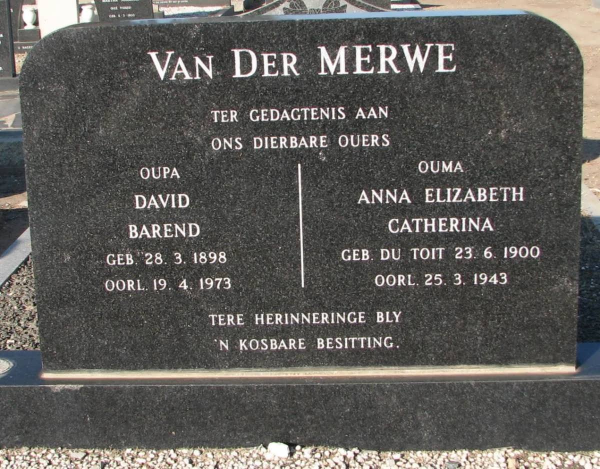 MERWE David Barend, van der 1898-1973 &amp; Anna Elizabeth Catharina du TOIT 1900-1943