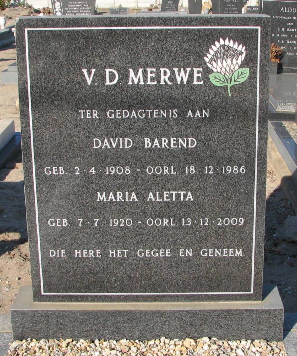 MERWE David Barend, v.d. 1908-1986 &amp; Maria Aletta 1920-2009