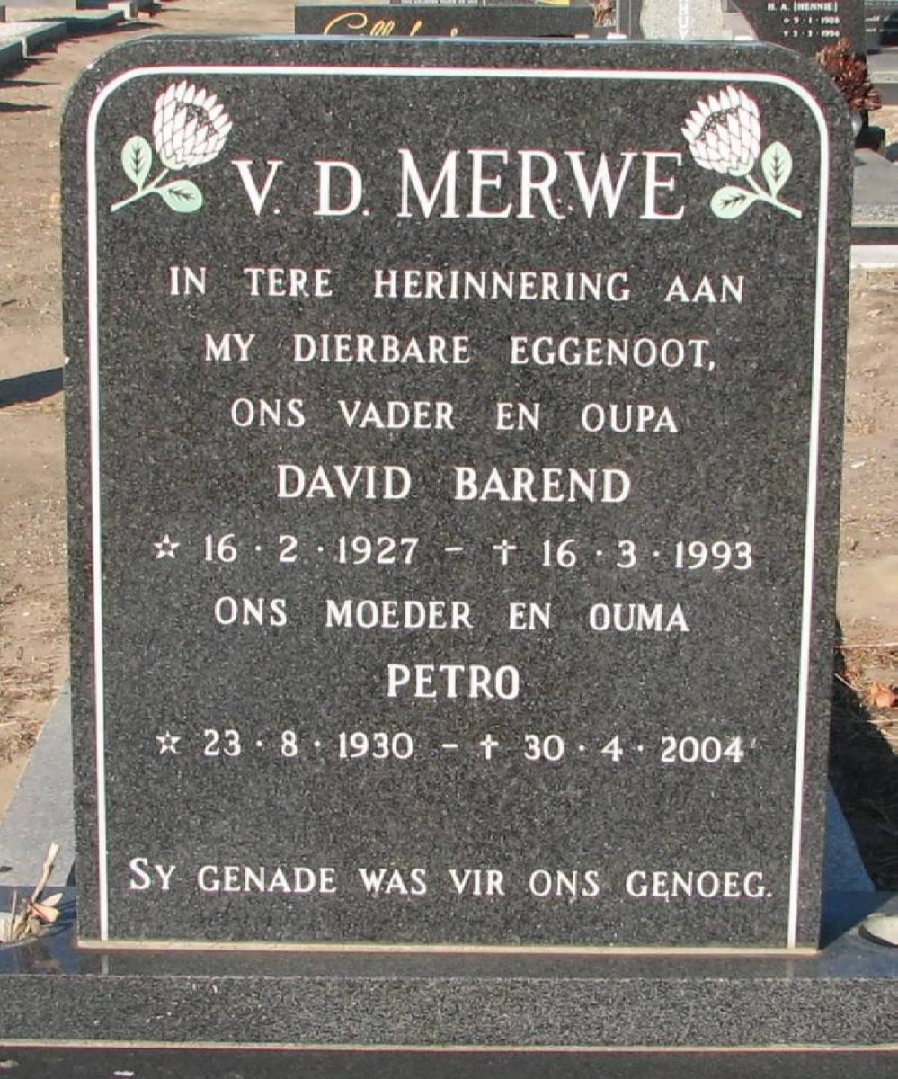 MERWE David Barend, v.d. 1927-1993 &amp; Petro 1930-2004
