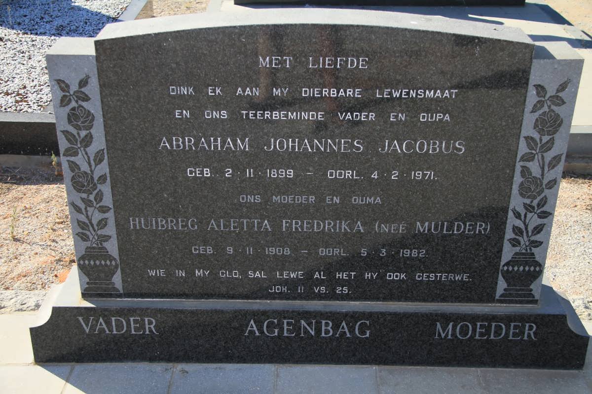 AGENBAG Abraham Johannes Jacobus 1899-1971 &amp; Huibreg Aletta Fredrika  MULDER 1908-1982