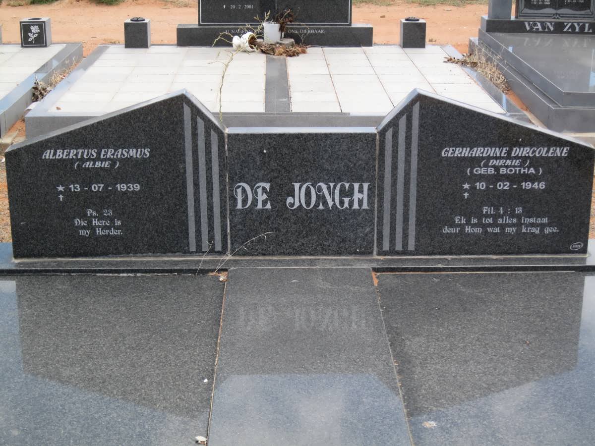JONGH Albertus Erasmus, de 1939- &amp; Gerhardina Dircolene BOTHA 1946-