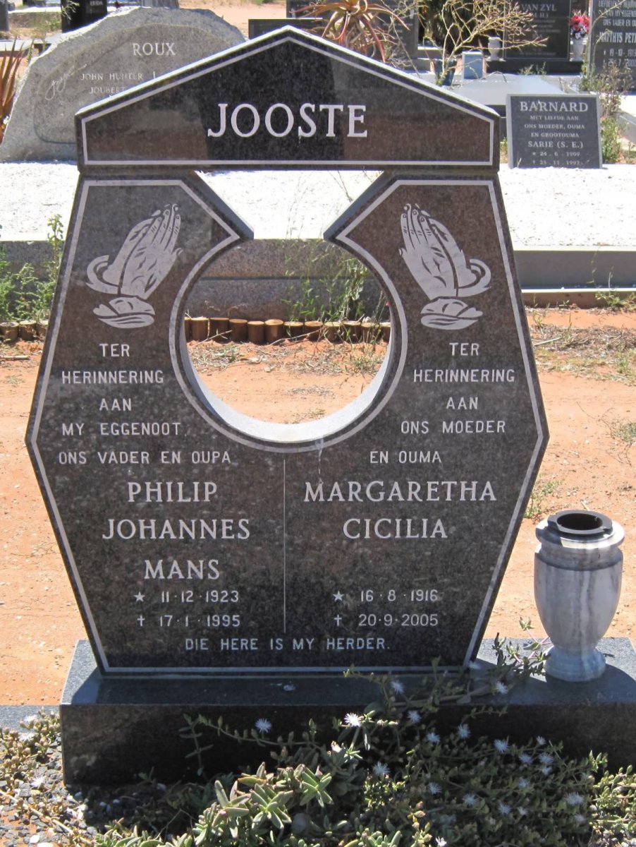 JOOSTE Philip Johannes Mans 1923-1995 &amp; Margaretha Cicilia 1916-2005