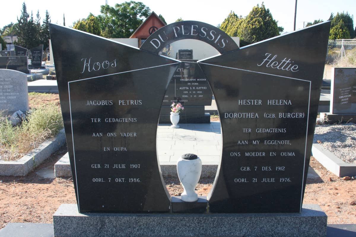 PLESSIS Jacobus Petrus, du 1907-1986 &amp; Hester Helena Dorothea  BURGER 1912-1976